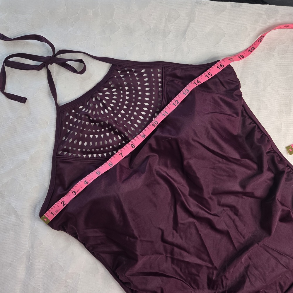 NWT Merona Purple Solid Halter One Piece Swimsuit L Tall Mesh Cutout Padded - Picture 5 of 11